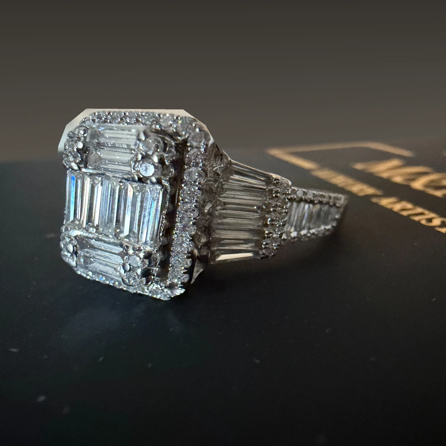 BigInvisible M&M GOLD — the actual ring, rectangular diamond composition and side baguettes