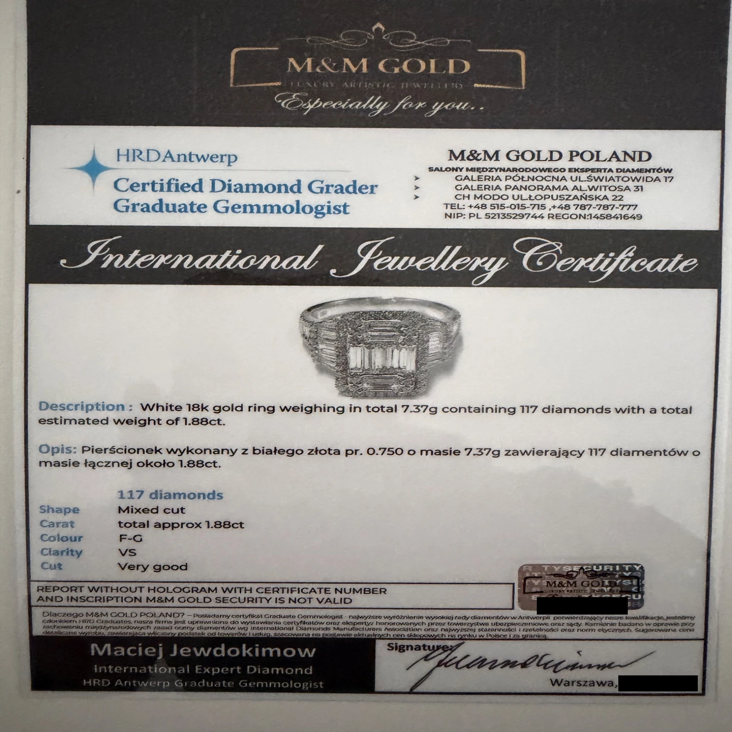Original M&M GOLD certificate: 18K white gold, 7.37 g, 117 diamonds, approximately 1.88 ct, F–G, VS; number and date concealed